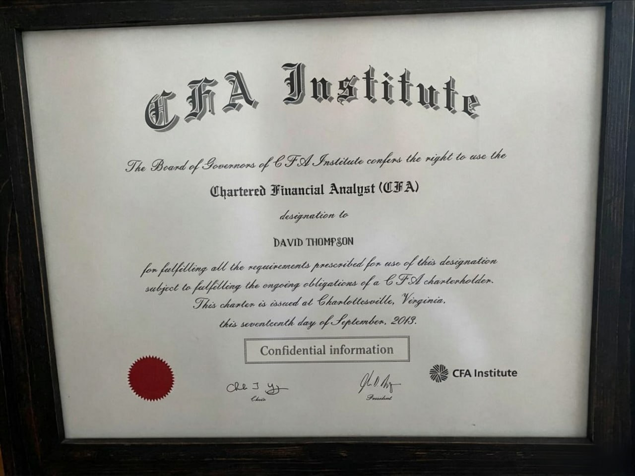 CFA Institute charter certificate awarded to David Thompson, September 2013