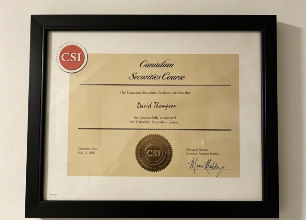 Canadian Securities Course certificate awarded to David Thompson by CSI, May 2016